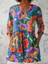 Summer Tropical Floral Pattern Printed Women's Casual Linen V-Neck Shirt